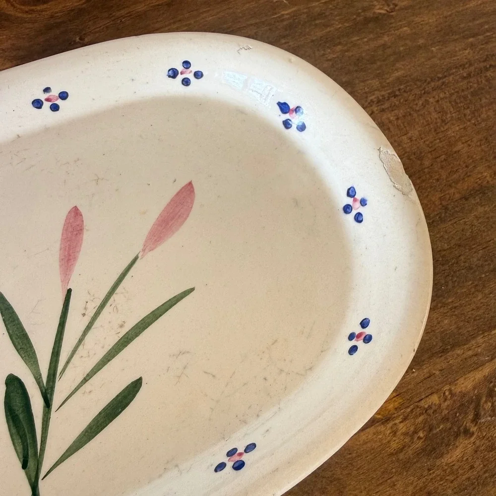 Vintage Hand Painted Floral Ceramic Tray Oval Folk Art Decorative Platter Cream